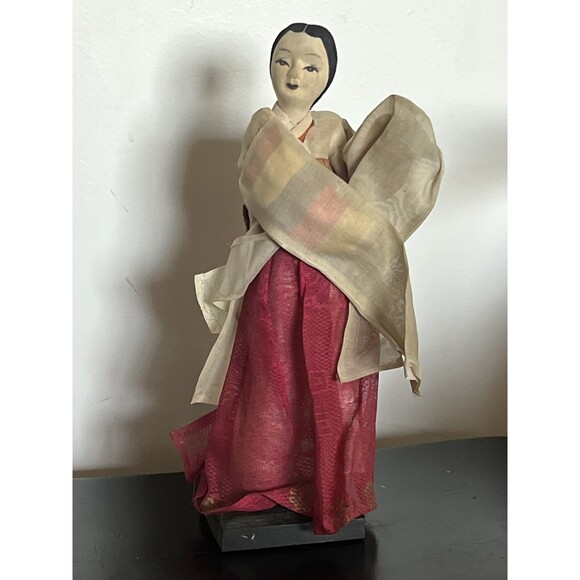 Vintage Korean Cloth Doll 10”  Wearing Traditional Hanbok With Wood Stand - Picture 10 of 12